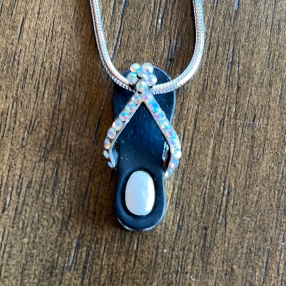 Rhinestone Black and Silver Flip Flop Sandal Pendant Snake Chain White Gold Bond